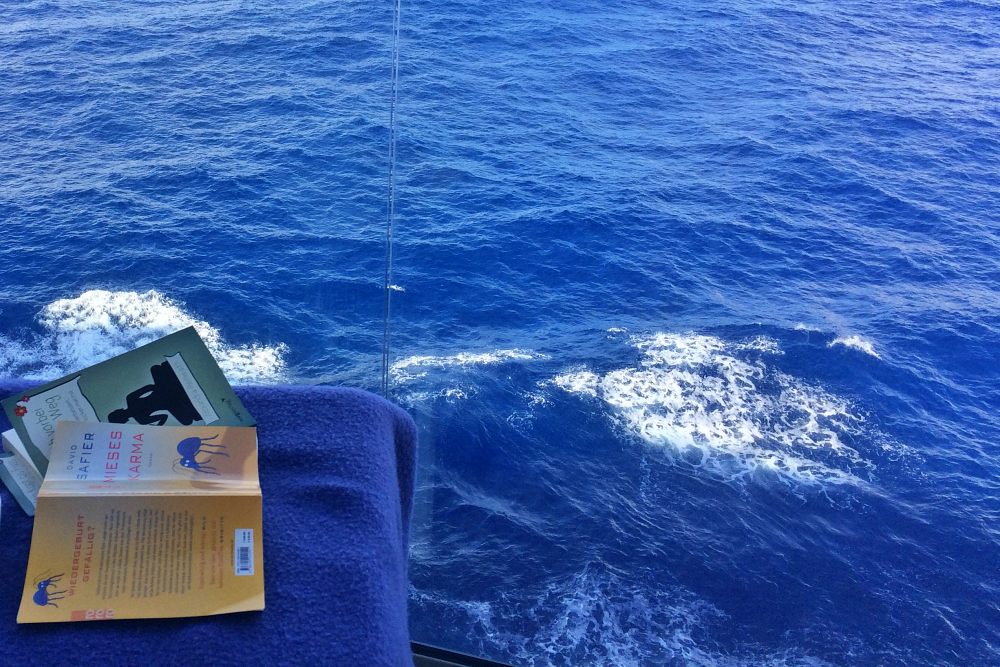 Bücher am Seetag auf der Mein Schiff 6 während der Kreuzfahrt Mallorca bis New York