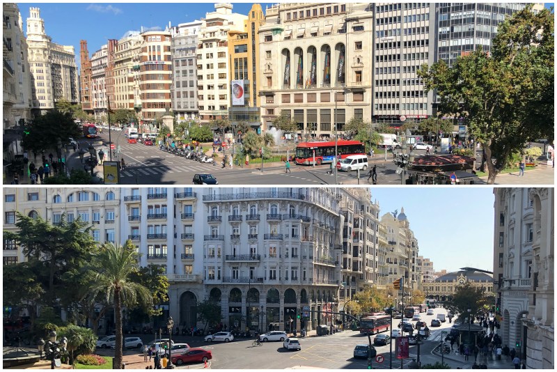 Blick vom Rathausbalkon in Valencia nach Norden und nach Süden
